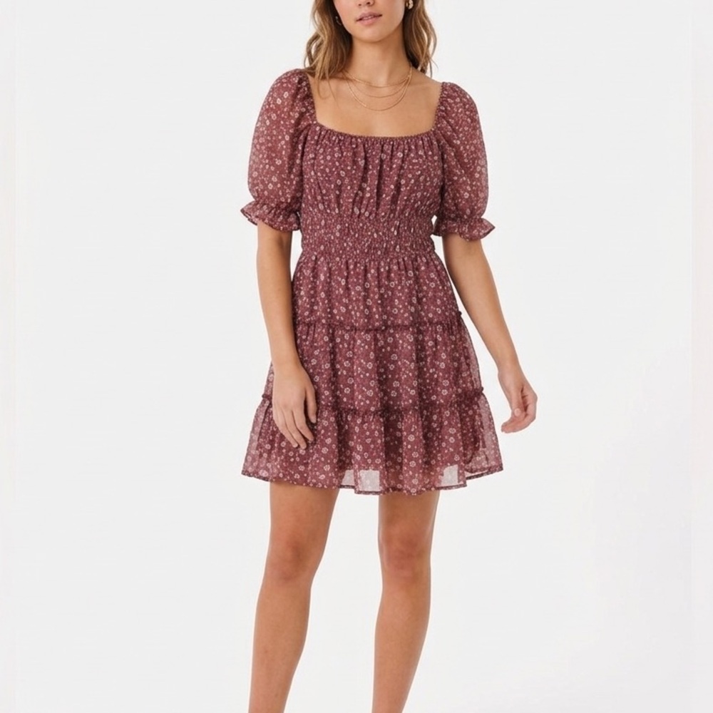 Trixxi Rust Floral Mini Dress with Puff Sleeves